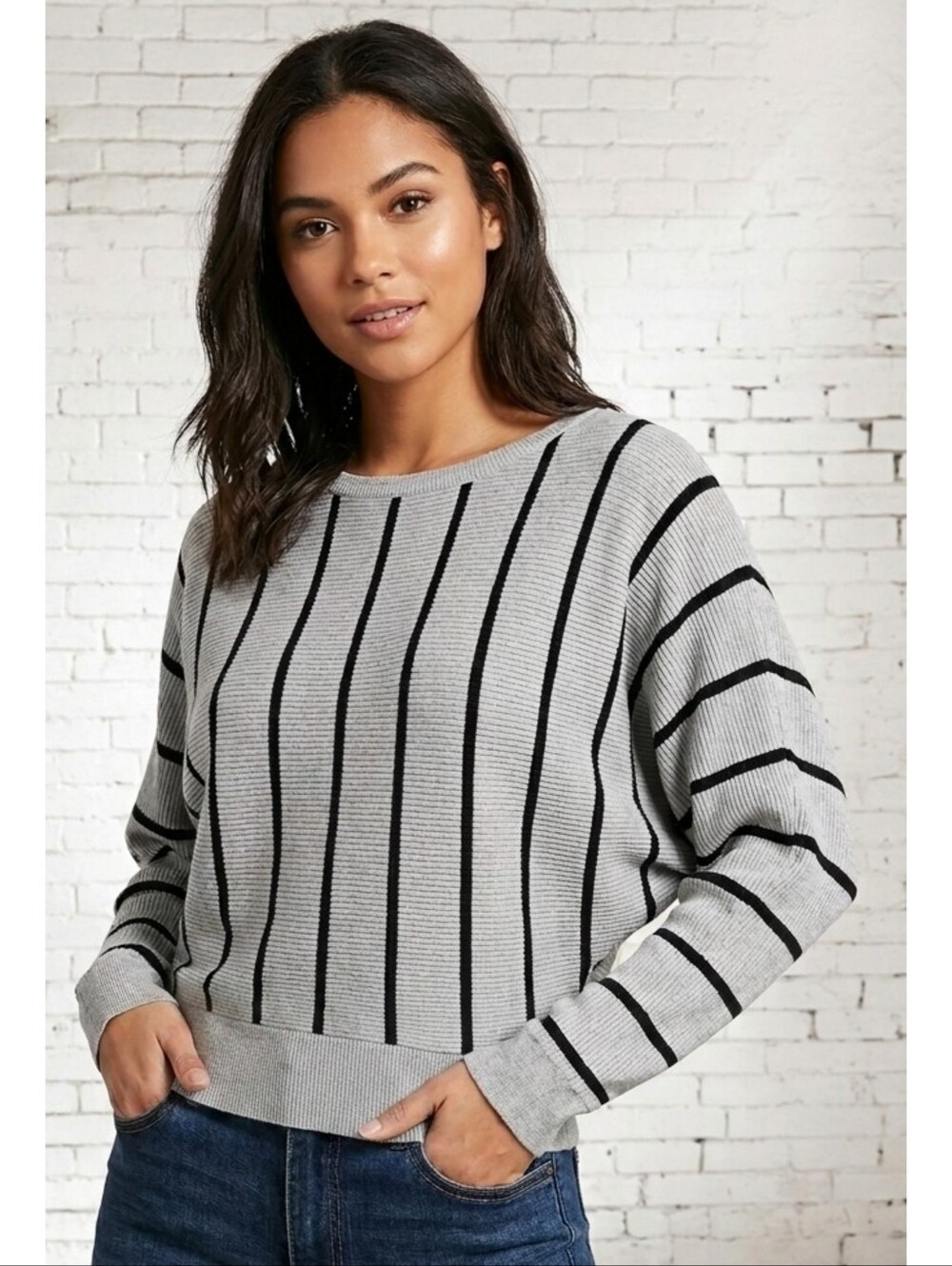 Premise Dolman Sleeve Striped Sweater Gray & Black Size M